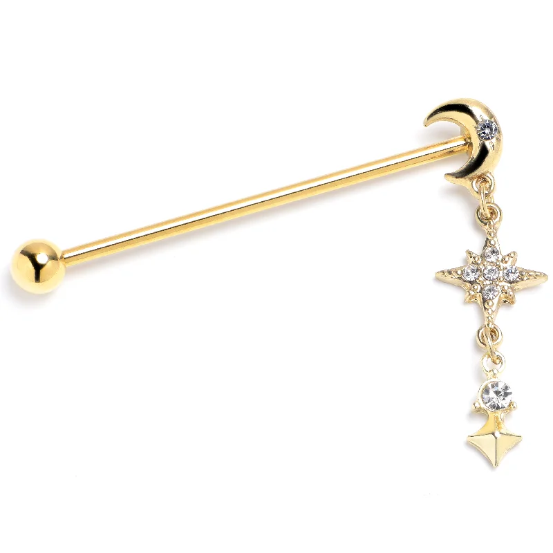 Women's Earrings – Elegant Designs for Every Personality--14 Gauge Clear Gem Gold Tone Celestial Glam Industrial Barbell 38mm