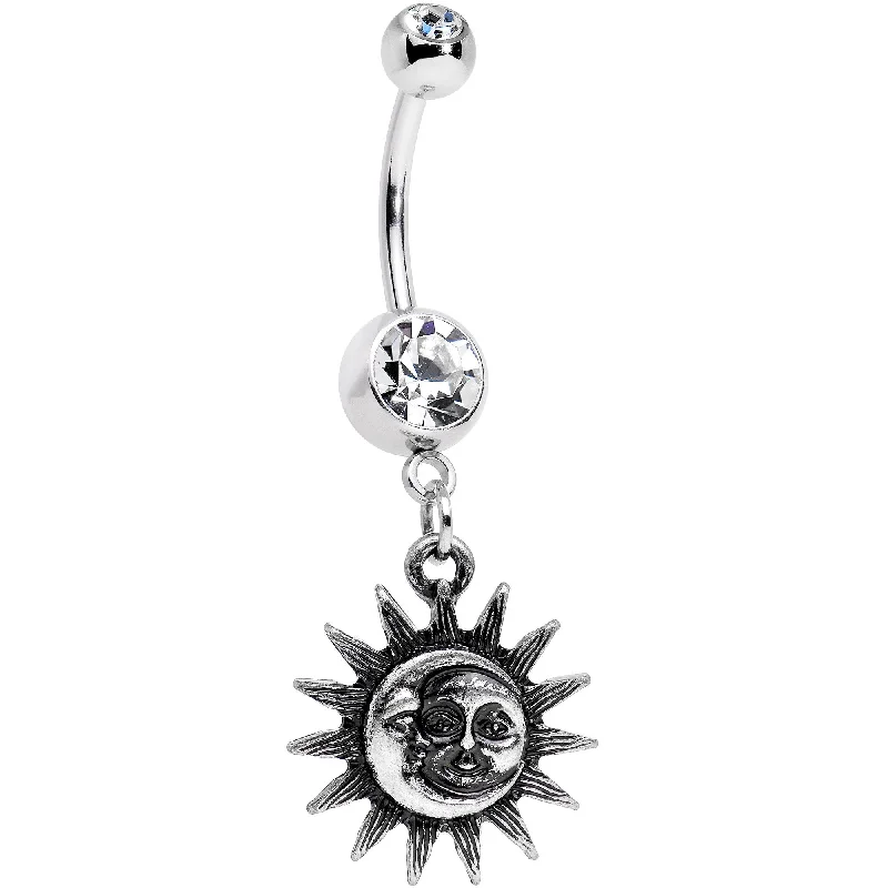 Trendy Belly Rings for Bold Fashion Statements -Clear Gem Sun Meets Moon Celestial Dangle Belly Ring Trendy Belly Rings for Bold Fashion Statements -Clear Gem Sun Meets Moon Celestial Dangle Belly Ring