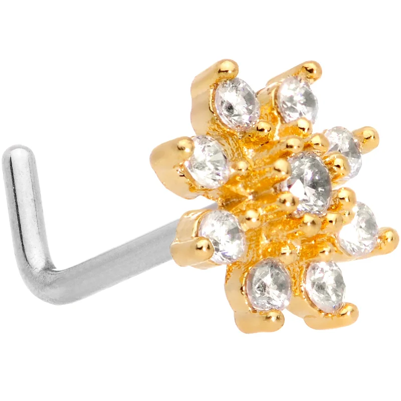 Easy-Wear Nose Rings -20 Gauge 1/4 Clear CZ Gem Gold Tone Flower L Shaped Nose Ring