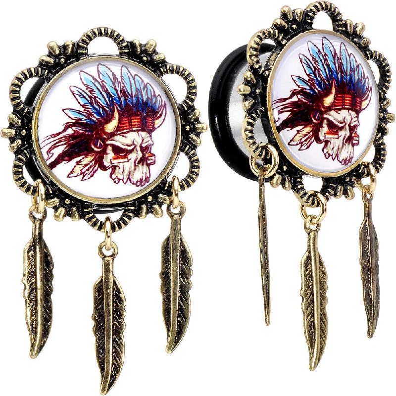 Women's Earrings – Elegant Designs for Every Personality--5/8 Steel Indian Skull Single Flare Feather Dangle Plug Set Women's Earrings – Elegant Designs for Every Personality--5/8 Steel Indian Skull Single Flare Feather Dangle Plug Set