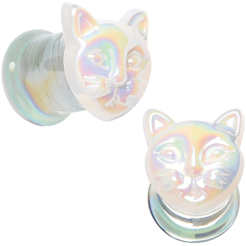 Women's Earrings – Elegant Designs for Every Personality--Aurora White Glass Double Flare Kitty Cat Plug Set 6mm to 25mm