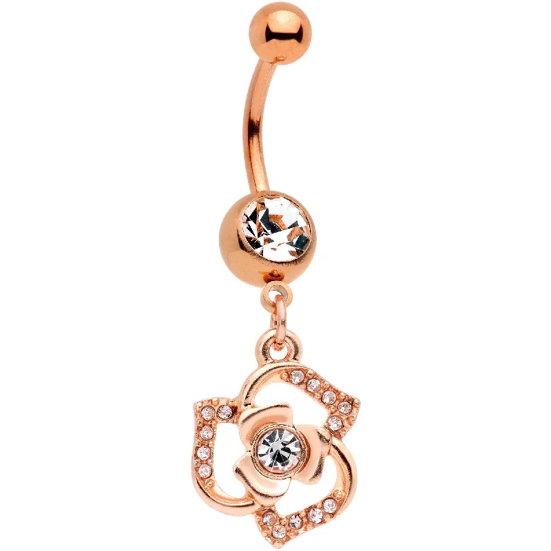 Belly Rings for Bold Fashion Statements -Clear Gem Rose Gold Tone Single Rose Dangle Belly Ring Belly Rings for Bold Fashion Statements -Clear Gem Rose Gold Tone Single Rose Dangle Belly Ring