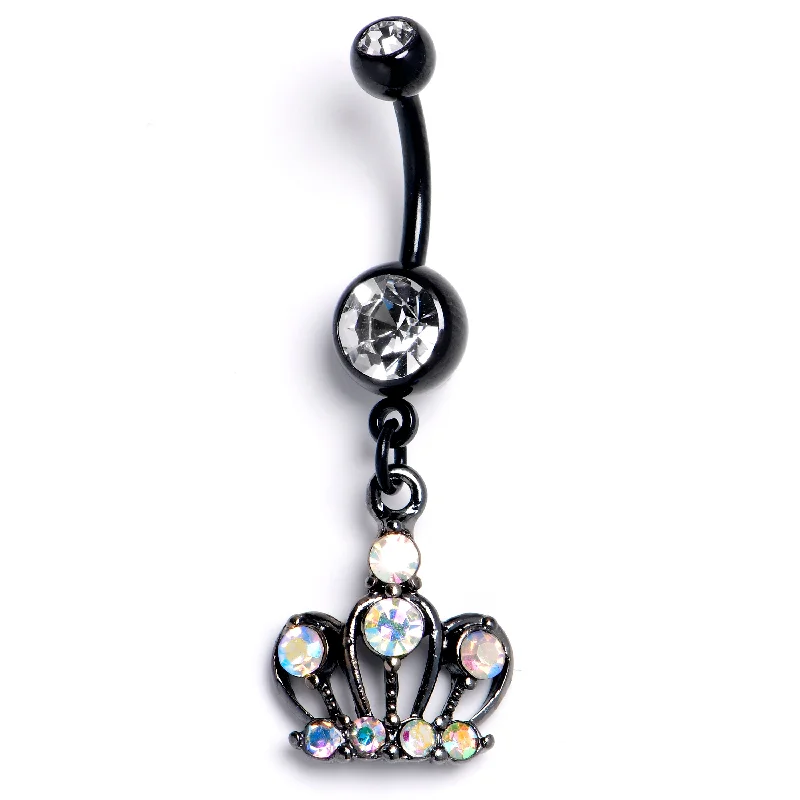 Stylish Belly Rings with Elegant Touches -Clear Aurora Gem Black Epic Crown Dangle Belly Ring Stylish Belly Rings with Elegant Touches -Clear Aurora Gem Black Epic Crown Dangle Belly Ring