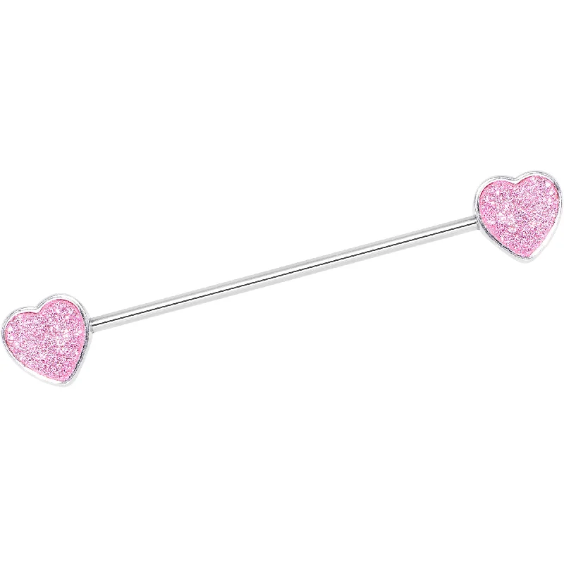 Women's Earrings – Elegant Designs for Every Personality--14 Gauge Pink Glitter Heart End Industrial Barbell 38mm