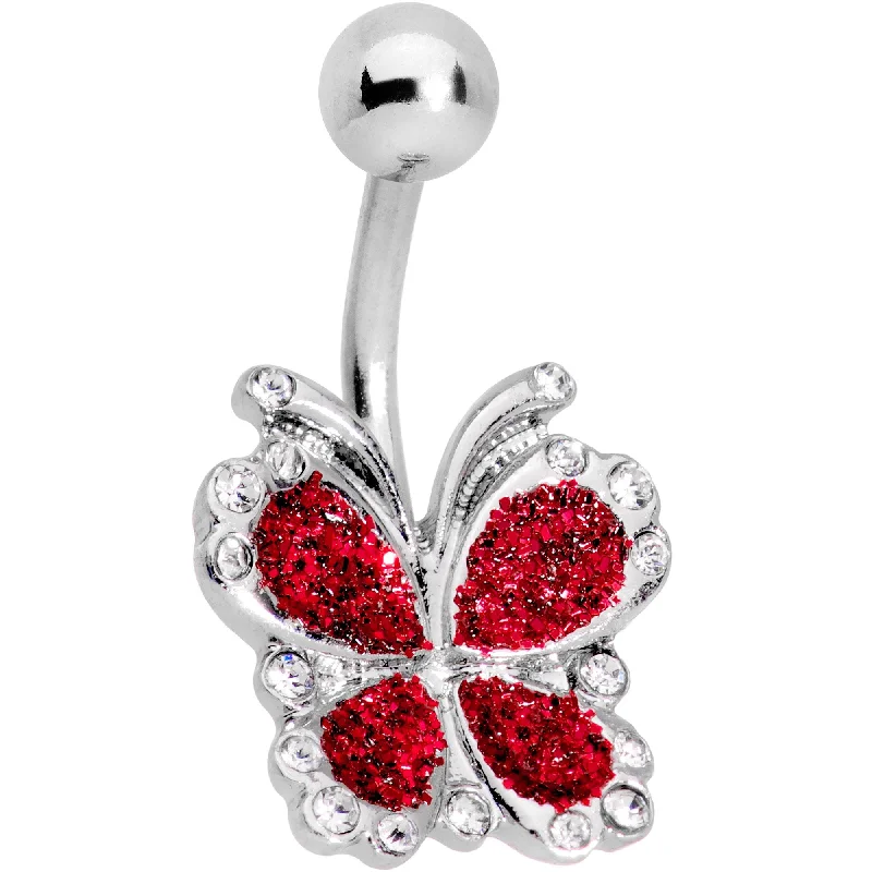 Belly Rings for Trendy Piercings -Clear Gem Red Sparkle Butterfly Belly Ring