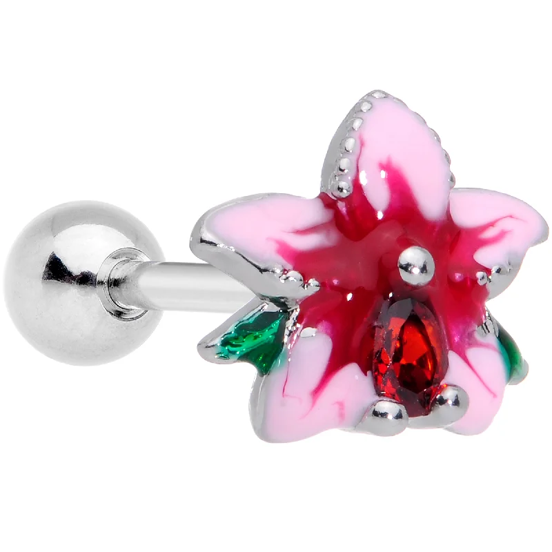 Women's Earrings – Elegant Designs for Every Personality--16 Gauge 1/4 Red Gem Exotic Flower Cartilage Tragus Earring