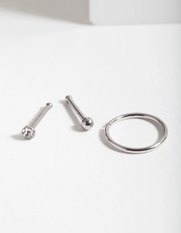 Nose Rings for Sensitive Skin -Surgical Steel Ball Diamante Nose Jewellery Pack