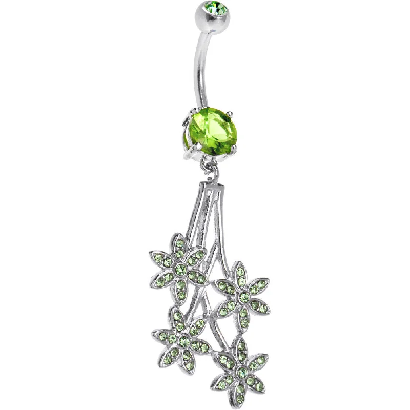 Unique Belly Rings for Bold Fashion Choices -Peridot Green Gem Paved Flowers Drop Belly Ring Unique Belly Rings for Bold Fashion Choices -Peridot Green Gem Paved Flowers Drop Belly Ring