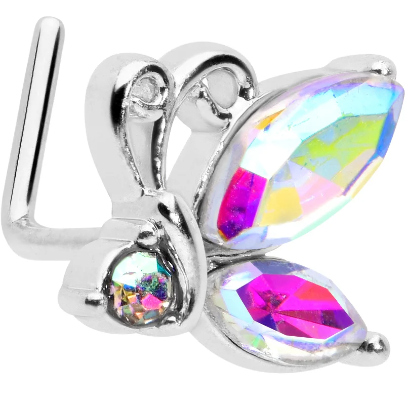 Nose Rings with Blue Sapphire -20 Gauge 7mm Aurora CZ Gem Fleur de Lis Butterfly L Shape Nose Ring