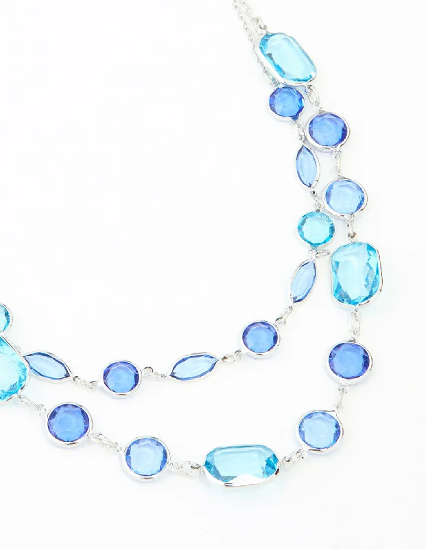 Shop Classic Women's Necklaces & Pendants with a Modern Twist-Blue Rectangle Diamante Stone Silver Layered Necklace Shop Classic Women's Necklaces & Pendants with a Modern Twist-Blue Rectangle Diamante Stone Silver Layered Necklace