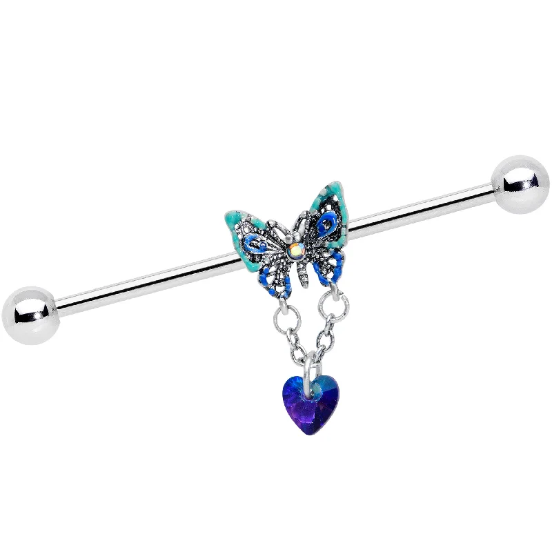 Women's Earrings – Elegant Designs for Every Personality--14 Gauge Blue Gem Heart Butterfly Dangle Industrial Barbell 38mm Women's Earrings – Elegant Designs for Every Personality--14 Gauge Blue Gem Heart Butterfly Dangle Industrial Barbell 38mm