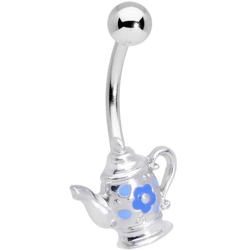 Belly Rings for Trendy Looks -Blue Flower Tea Time Coffee Pot Belly Ring