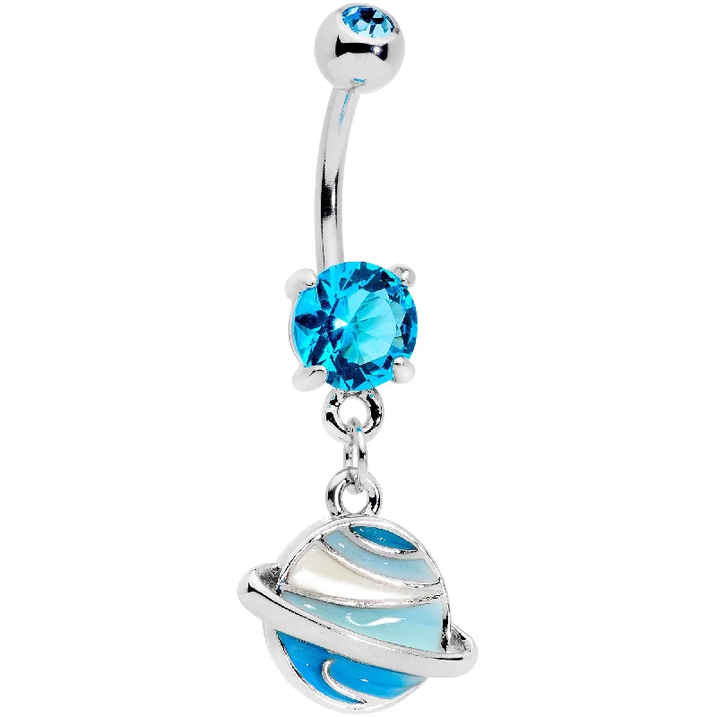 Designer Belly Rings with Elegant Style -Aqua Gem Rings Of Saturn Dangle Belly Ring