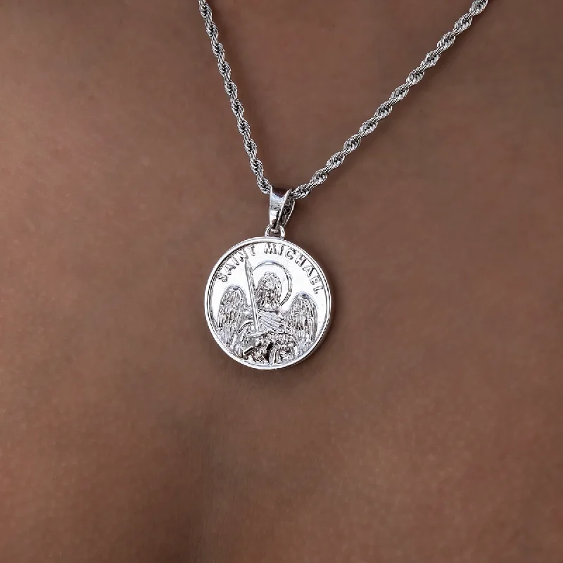 Shop Classic Women's Necklaces & Pendants with a Modern Twist-Saint Michael Coin Pendant in White Gold Shop Classic Women's Necklaces & Pendants with a Modern Twist-Saint Michael Coin Pendant in White Gold