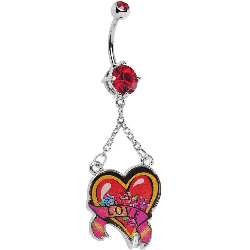 Trendy Belly Rings for Statement Fashion -Ruby Red Double Gem Love Heart Belly Ring
