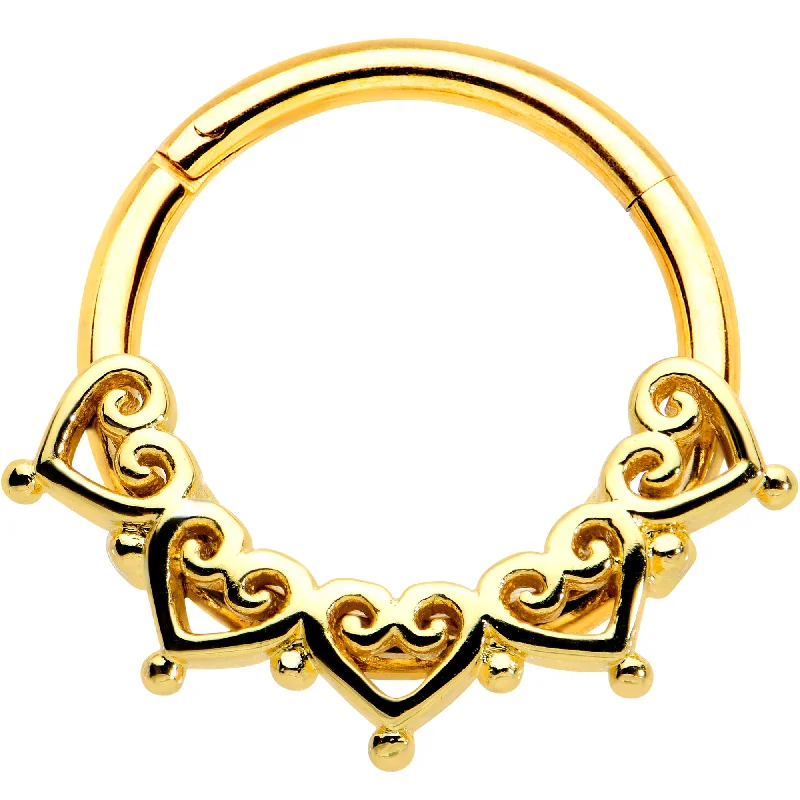 Nose Rings with Luxurious Designs -16 Gauge 3/8 Gold Tone Filigree Hearts Hinged Segment Ring Nose Rings with Luxurious Designs -16 Gauge 3/8 Gold Tone Filigree Hearts Hinged Segment Ring