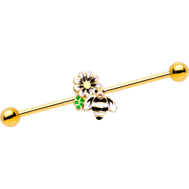 Women's Earrings – Elegant Designs for Every Personality--Pink Gem Gold Tone Anodized Bumble Bee Industrial Barbell 38mm