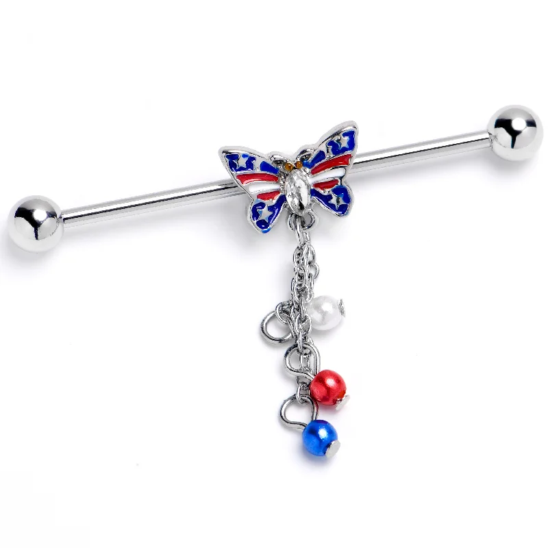 Women's Earrings – Elegant Designs for Every Personality--14 Gauge Clear Gem Patriotic Butterfly Dangle Industrial Barbell 38mm
