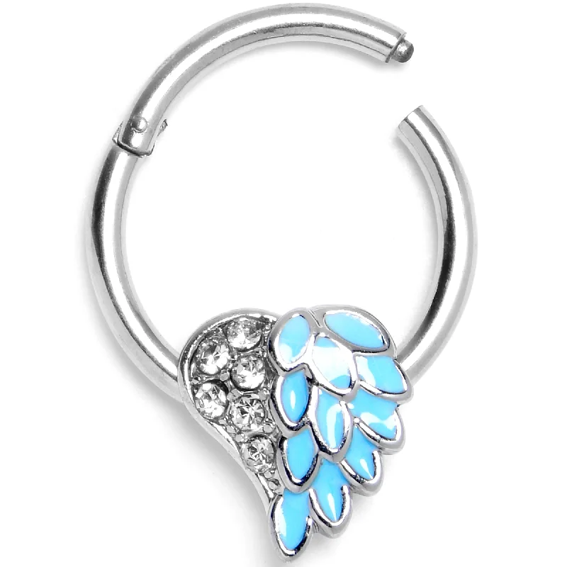 Chic Nose Rings -16 Gauge 3/8 Blue Heavenly Heart Angel Wings Hinged Segment Ring