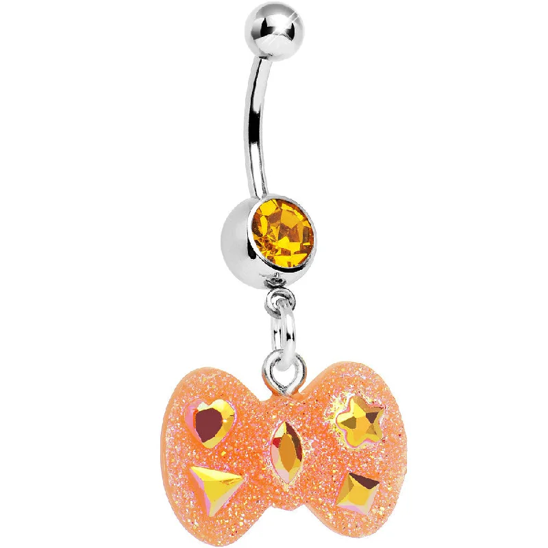 Belly Rings with Designer Touch -Yellow Gem Orange Glitter Bow Dangle Belly Ring