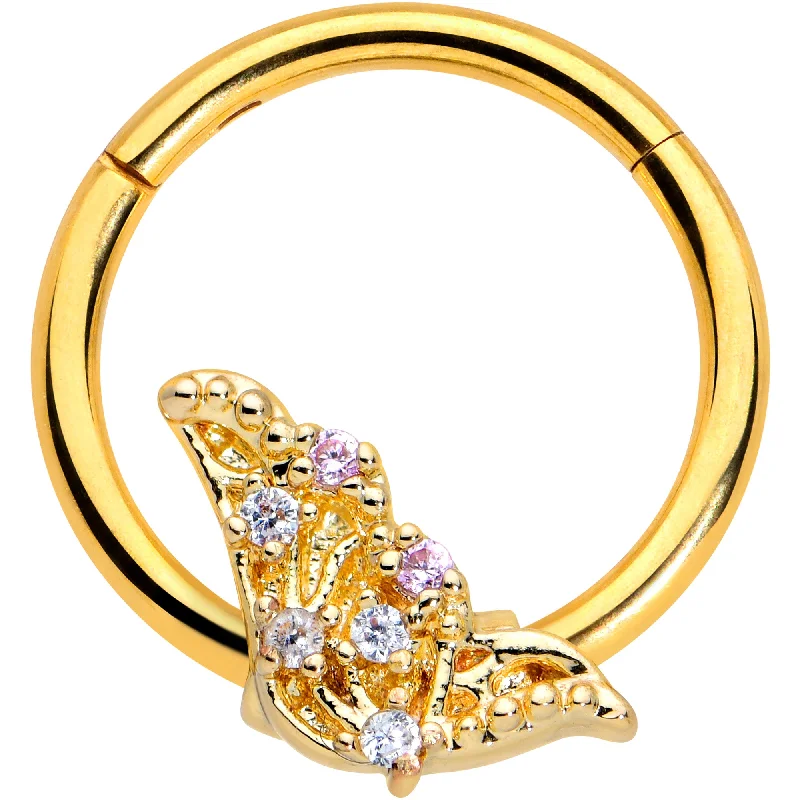 Eye-Catching Nose Rings for Glam Look -16 Gauge 3/8 Clear CZ Gem Gold Tone Butterfly Hinged Segment Ring Eye-Catching Nose Rings for Glam Look -16 Gauge 3/8 Clear CZ Gem Gold Tone Butterfly Hinged Segment Ring