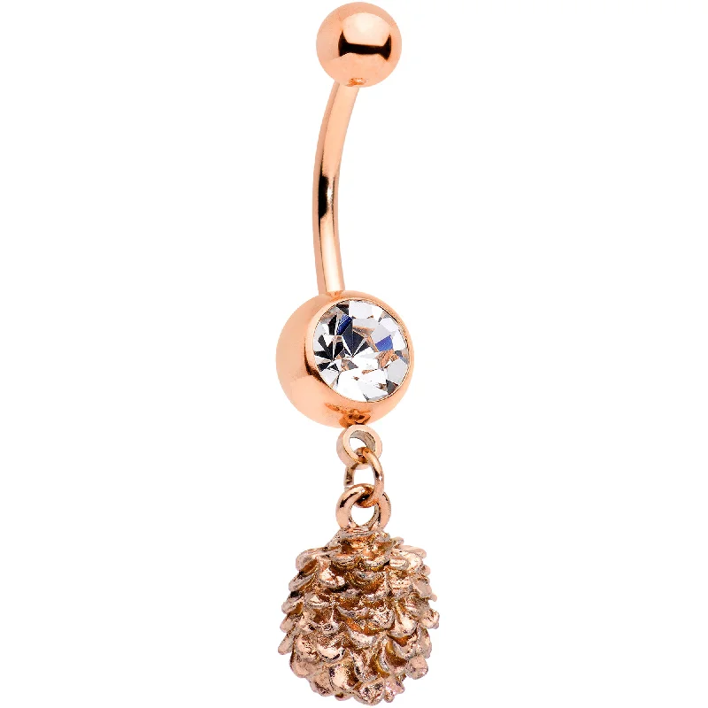 Trendy Belly Rings with Vibrant Details -Clear Gem Rose Gold Tone Autumn Pine Cone Dangle Belly Ring Trendy Belly Rings with Vibrant Details -Clear Gem Rose Gold Tone Autumn Pine Cone Dangle Belly Ring