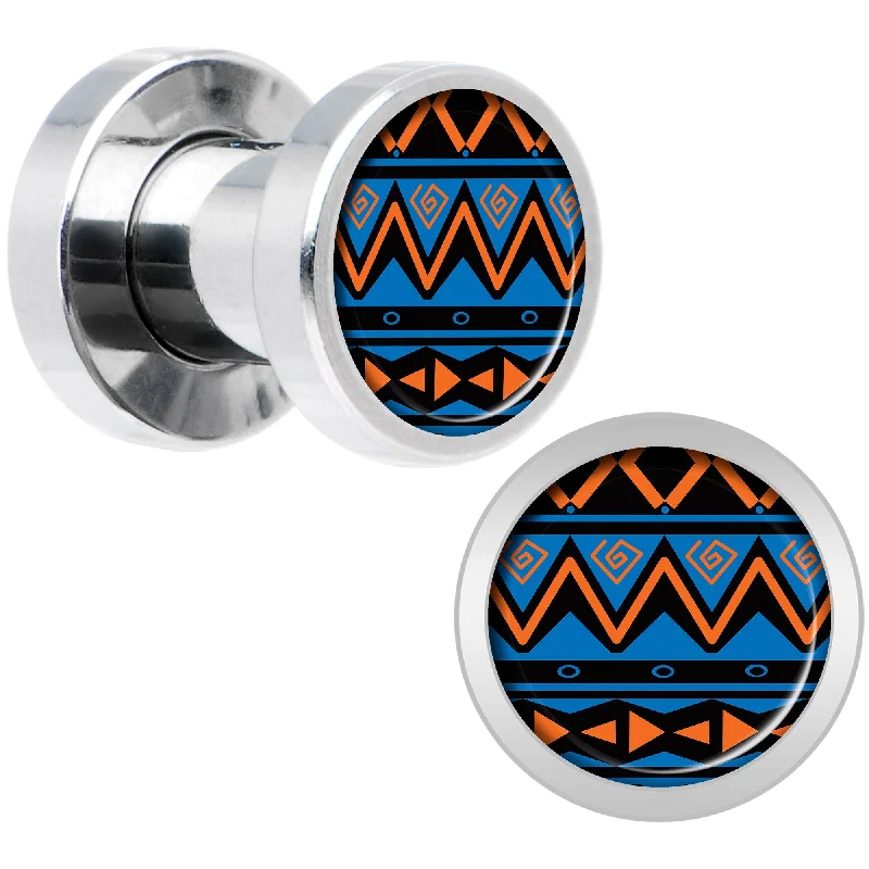 Women's Earrings – Elegant Designs for Every Personality--Blue Orange Tribal Print Steel Screw Fit Plug Set 4 Gauge