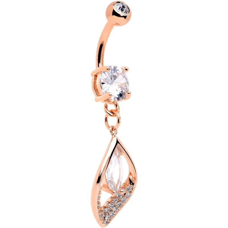 Comfortable Belly Rings for Casual Looks -Clear CZ Gem Rose Gold Tone Lush Leaf Dangle Belly Ring Comfortable Belly Rings for Casual Looks -Clear CZ Gem Rose Gold Tone Lush Leaf Dangle Belly Ring