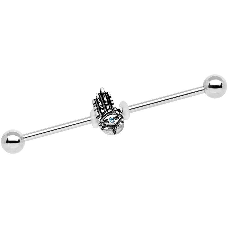 Women's Earrings – Elegant Designs for Every Personality--Aqua Gem Hamsa Eye Industrial Barbell 38mm Women's Earrings – Elegant Designs for Every Personality--Aqua Gem Hamsa Eye Industrial Barbell 38mm
