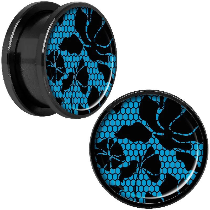 Women's Earrings – Elegant Designs for Every Personality--Blue Floral Lace Black Anodized Screw Fit Plug Set 18mm Women's Earrings – Elegant Designs for Every Personality--Blue Floral Lace Black Anodized Screw Fit Plug Set 18mm