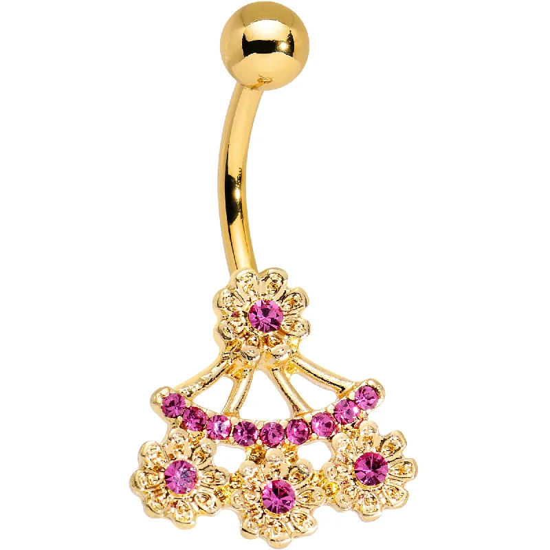 Beautiful Belly Rings for Stunning Effect -Pink Gem Gold Anodized Dainty Flowering Fan Belly Ring Beautiful Belly Rings for Stunning Effect -Pink Gem Gold Anodized Dainty Flowering Fan Belly Ring