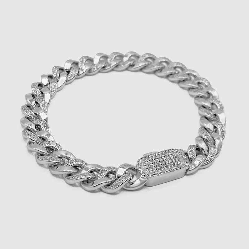 Men's Bracelets with Adjustable Metal Bands-Half Iced Cuban Bracelet (Silver) 8mm