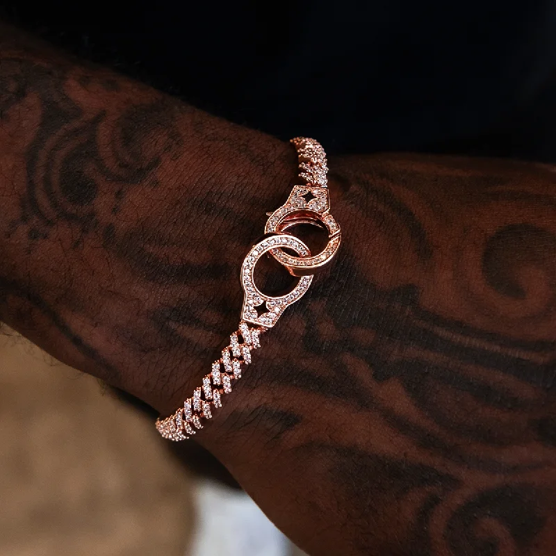 Men's Bracelets with Cross Charms-Iced Handcuff Diamond Prong Cuban Bracelet in Rose Gold Men's Bracelets with Cross Charms-Iced Handcuff Diamond Prong Cuban Bracelet in Rose Gold