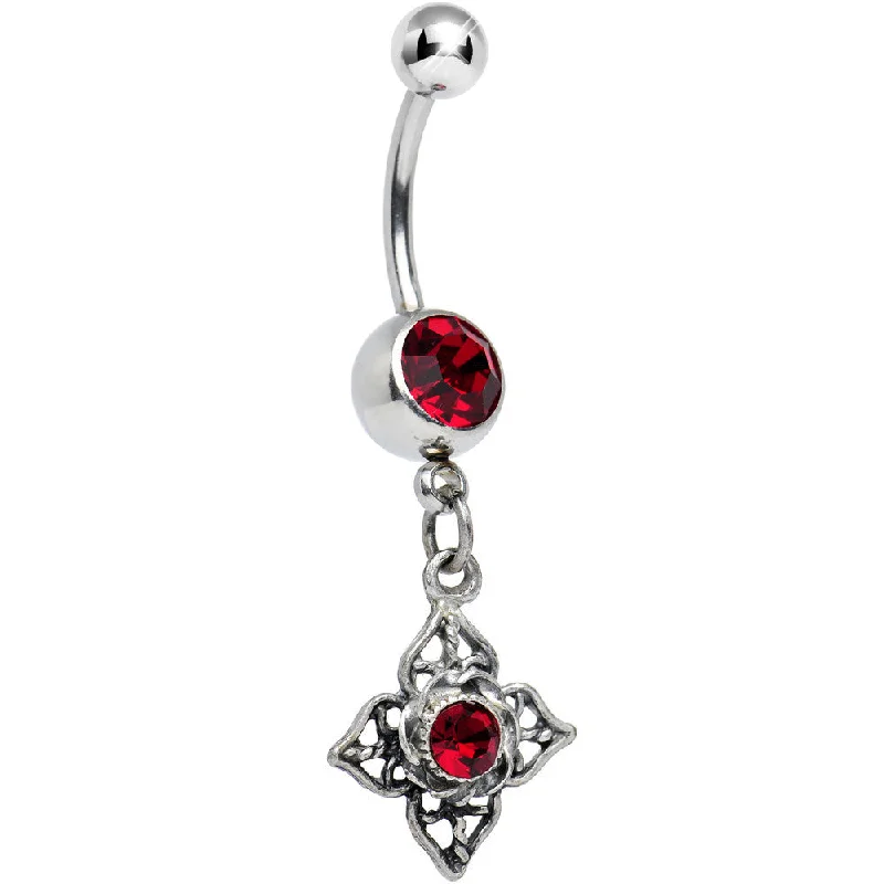 Trendy Belly Rings with Bold Statements -Full Bloom Siam Red Gem Dangle Belly Ring