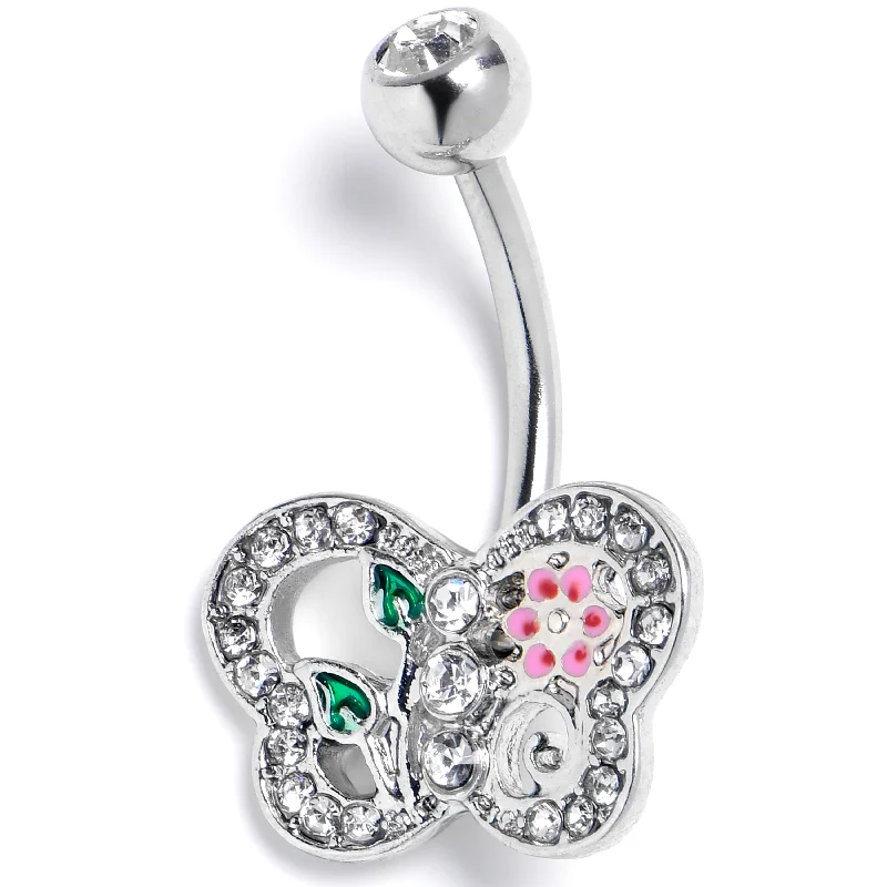 Comfortable Belly Rings for Bold Looks -Clear Pink Gem Floral Butterfly Belly Ring