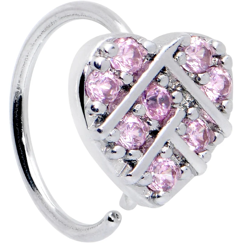 Personalized Nose Rings -20 Gauge 5/16 Pink CZ Gem Lattice Heart Nose Hoop
