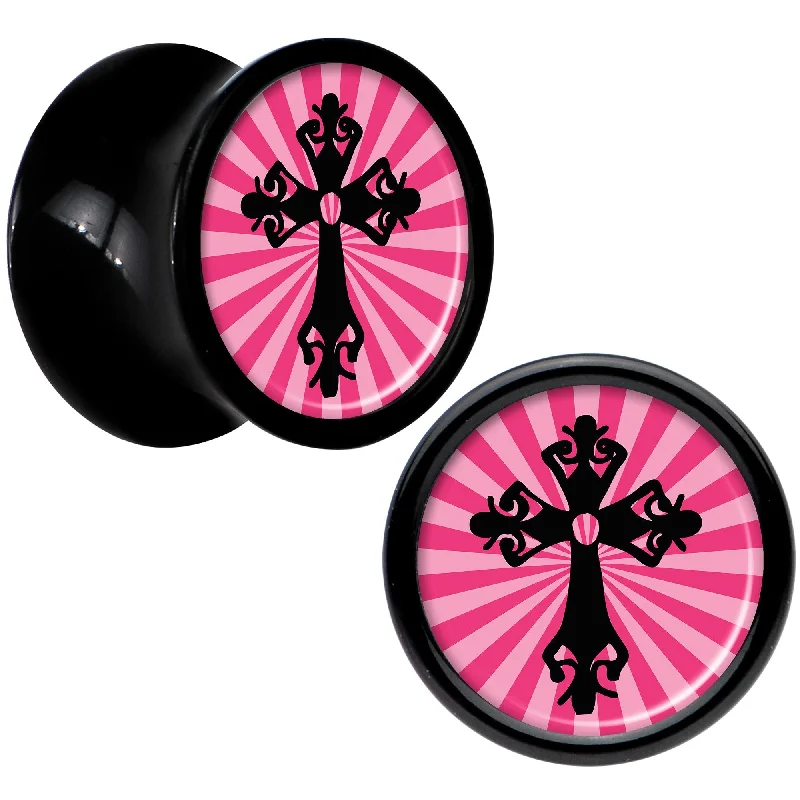 Women's Earrings – Elegant Designs for Every Personality--Black Acrylic Pink Black Radiant Cross Saddle Plug Set 0 Gauge