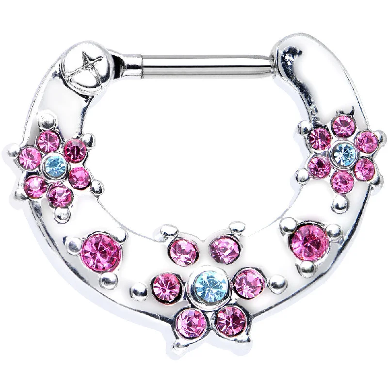 Nose Rings for Personal Style -16 Gauge 5/16 Pink Aqua Gem Flowers Septum Clicker