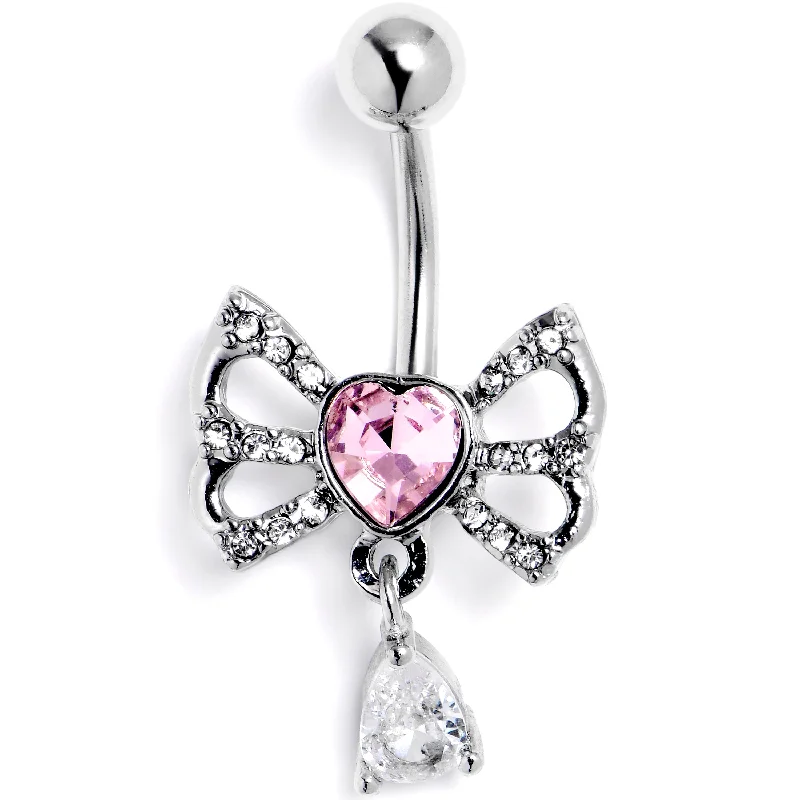 Stunning Belly Rings with Gemstone Details -Clear Pink CZ Gem Heart In A Bow Dangle Belly Ring Stunning Belly Rings with Gemstone Details -Clear Pink CZ Gem Heart In A Bow Dangle Belly Ring