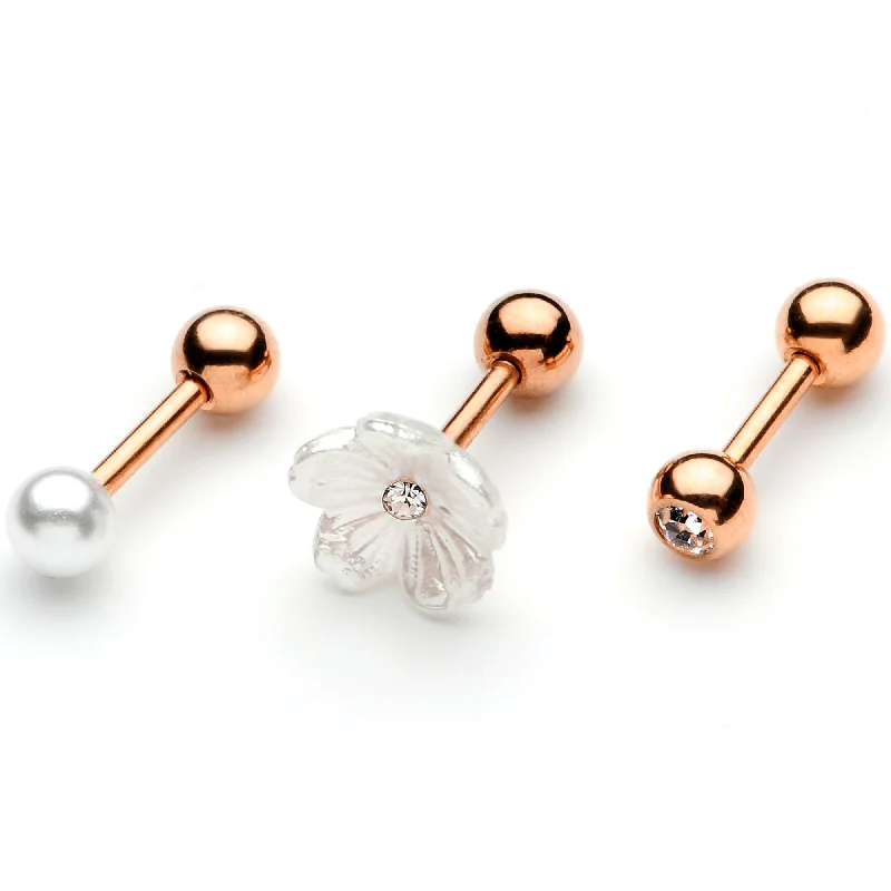 Women's Earrings – Elegant Designs for Every Personality--16 Gauge 1/4 Clear Gem Rose Gold Tone Flower Cartilage Tragus Curation Set of 3