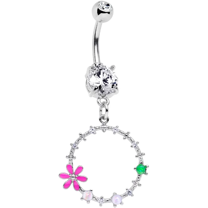 Belly Rings with Designer Touch -Clear CZ Gem Green Pink Faux Opal Loop Flower Dangle Belly Ring Belly Rings with Designer Touch -Clear CZ Gem Green Pink Faux Opal Loop Flower Dangle Belly Ring