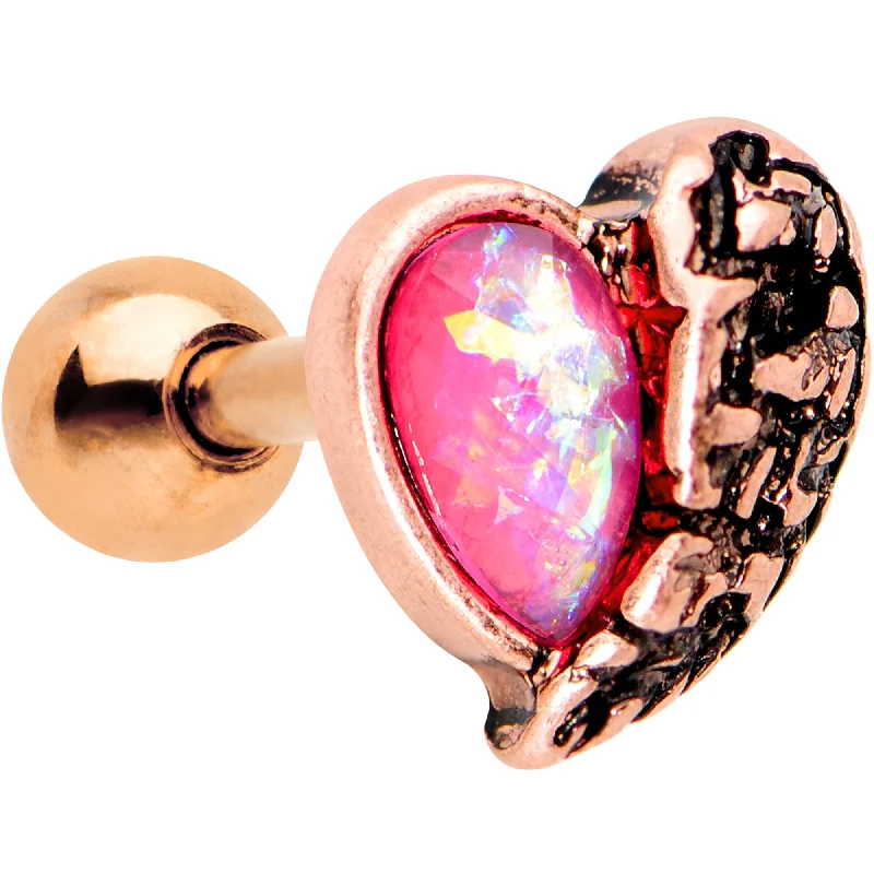 Women's Earrings – Elegant Designs for Every Personality--Pink Faux Opal Rose Gold Anodized Half Heart Tragus Cartilage Earring