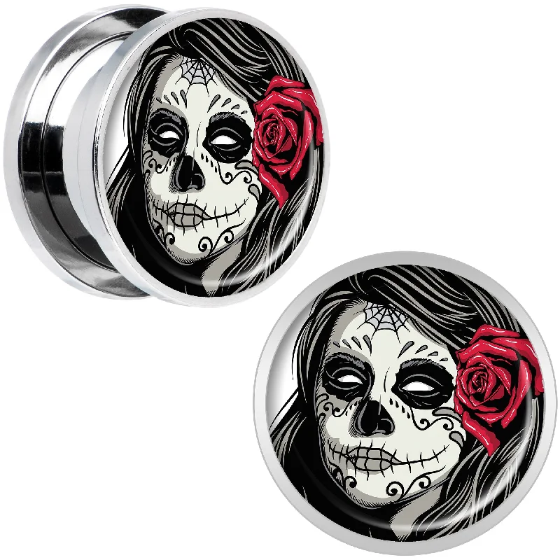 Women's Earrings – Elegant Designs for Every Personality--Katrina Sugar Skull with Rose Flower Steel Screw Fit Plug Set 5/8 Women's Earrings – Elegant Designs for Every Personality--Katrina Sugar Skull with Rose Flower Steel Screw Fit Plug Set 5/8