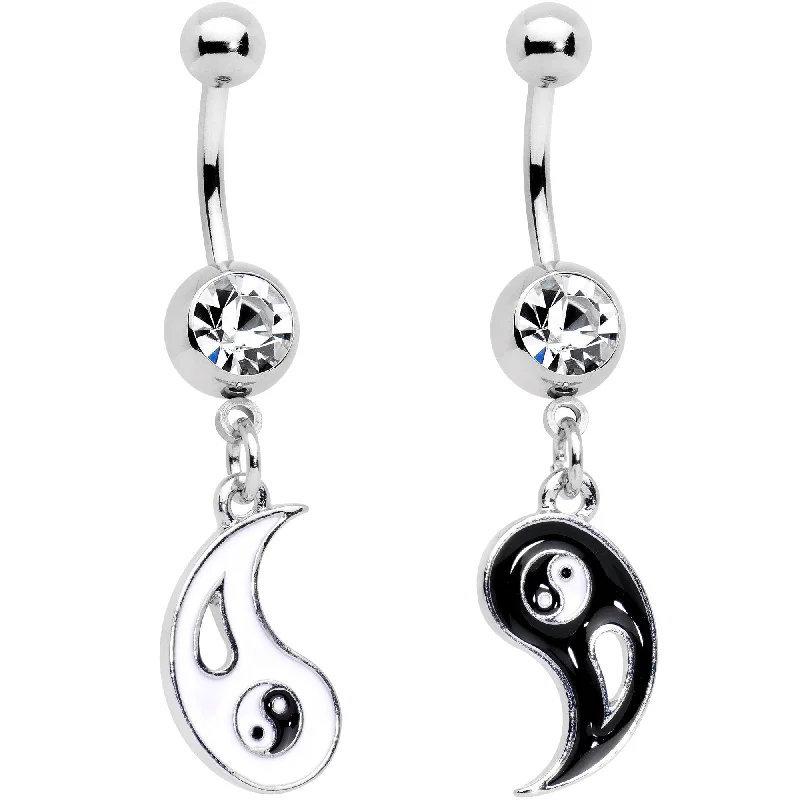 Designer Belly Rings for Elegant Style -Clear Gem Best Friend Yin and Yang Dangle Belly Ring Set of 2 Designer Belly Rings for Elegant Style -Clear Gem Best Friend Yin and Yang Dangle Belly Ring Set of 2