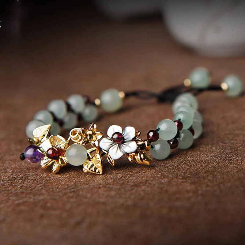 Wedding Bangles for Women with Gold Detailing-Buddha Stones Green Aventurine Garnet Bead Flower Petal Luck Bracelet