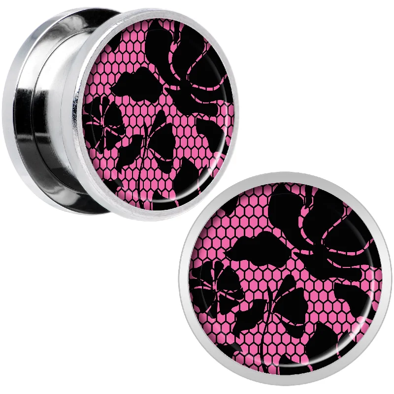 Women's Earrings – Elegant Designs for Every Personality--Pink Floral Lace Steel Screw Fit Plug Set 9/16 Women's Earrings – Elegant Designs for Every Personality--Pink Floral Lace Steel Screw Fit Plug Set 9/16
