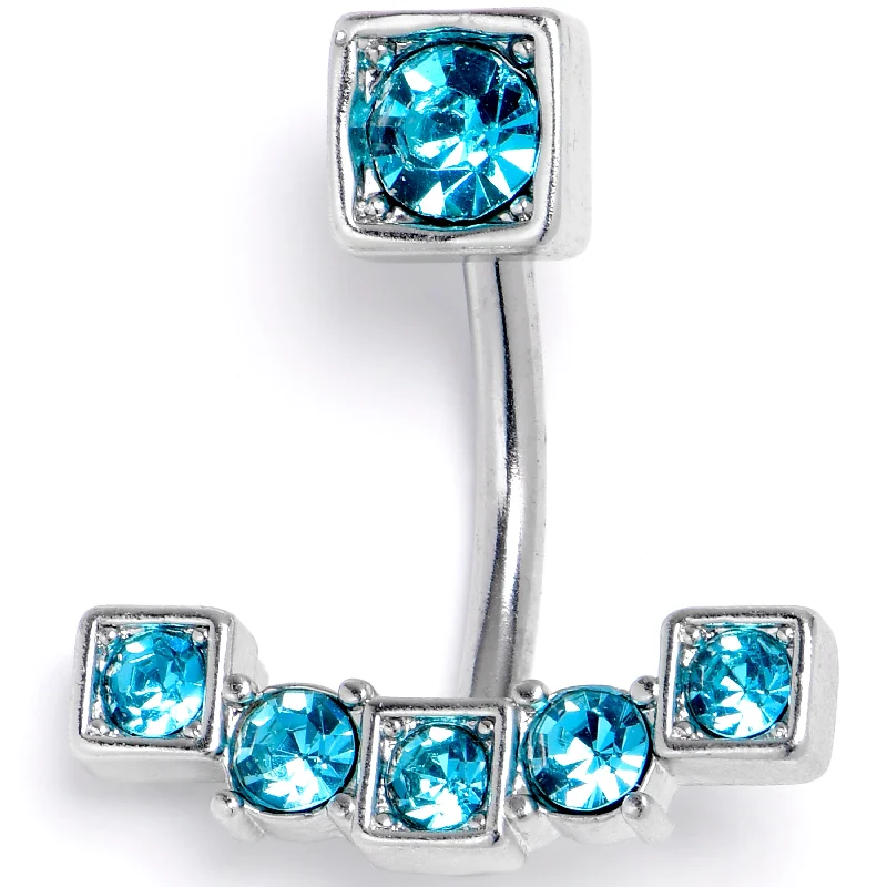 Belly Rings for Trendy Looks -Blue CZ Gem Blocky Arch Double Mount Belly Ring