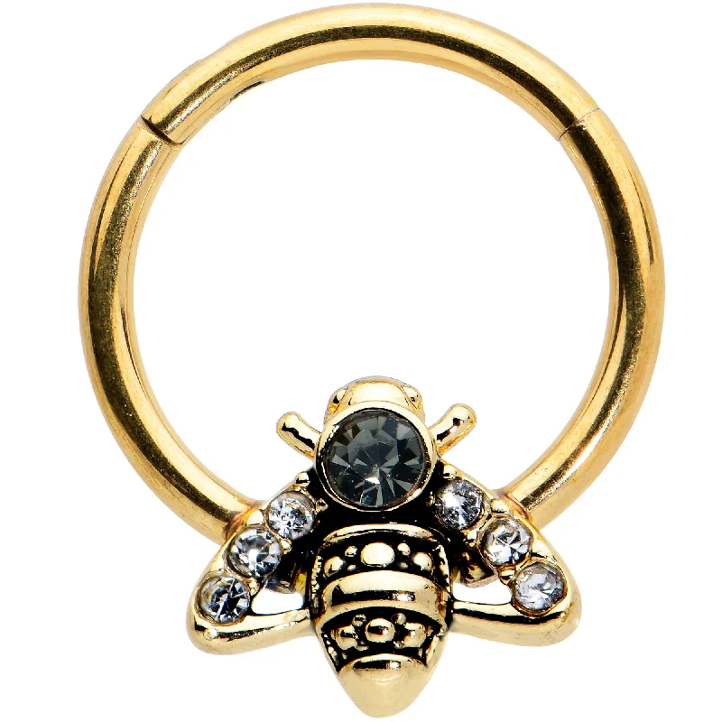 Beautiful Nose Rings for Every Occasion -16 Gauge 3/8 Black Gem Gold Tone Angular Bee Hinged Segment Ring Beautiful Nose Rings for Every Occasion -16 Gauge 3/8 Black Gem Gold Tone Angular Bee Hinged Segment Ring