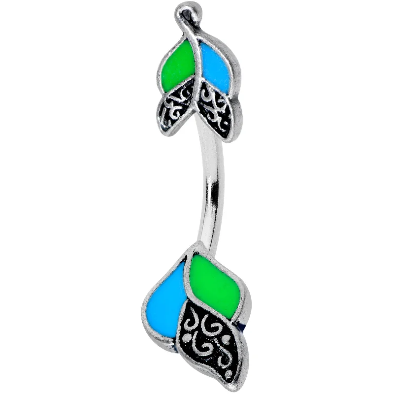Comfortable Belly Rings for Elegant Comfort -Fligree Blue Green Leaves Double Mount Belly Ring Comfortable Belly Rings for Elegant Comfort -Fligree Blue Green Leaves Double Mount Belly Ring