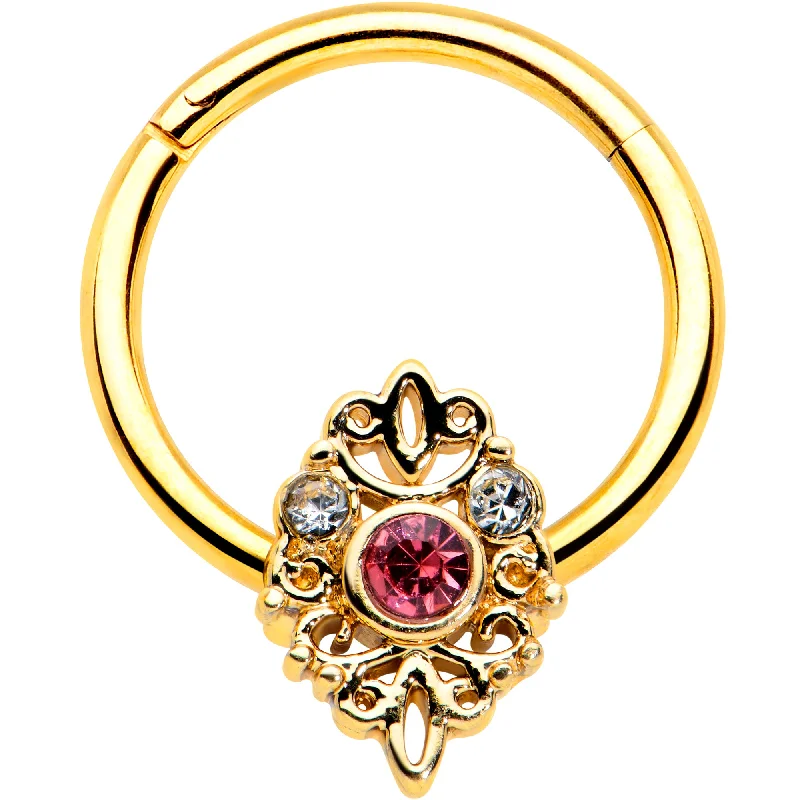 Elegant Nose Rings for Stunning Look -16 Gauge 3/8 Pink Clear Gem Gold Tone Lace Love Hinged Segment Ring Elegant Nose Rings for Stunning Look -16 Gauge 3/8 Pink Clear Gem Gold Tone Lace Love Hinged Segment Ring